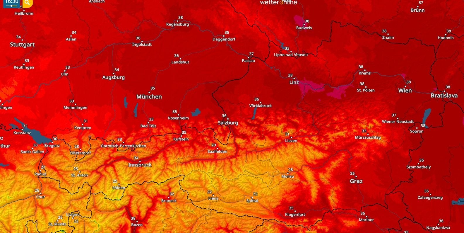 Hitzekarte von Österreich und Umgebung mit Temperaturen bis zu 38 Grad in Rot- und Gelbtönen.