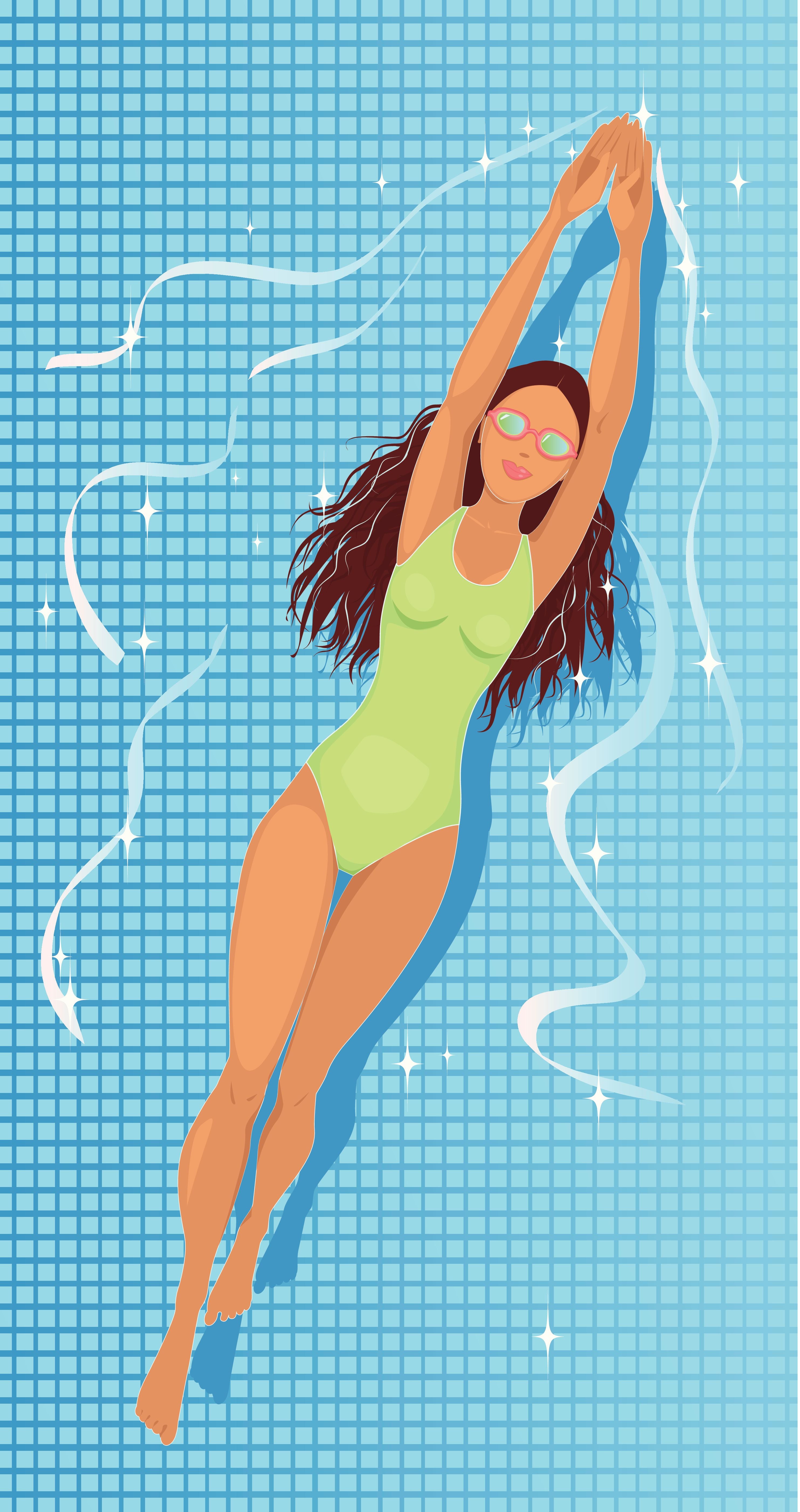 Frau mit grünem Badeanzug und Schwimmbrille schwimmt im Pool, Vogelperspektive.