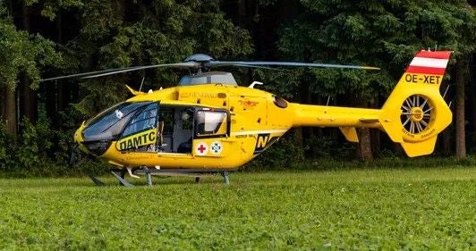 Gelber Rettungshubschrauber Christophorus 15 steht auf einer Wiese vor einem Wald.
