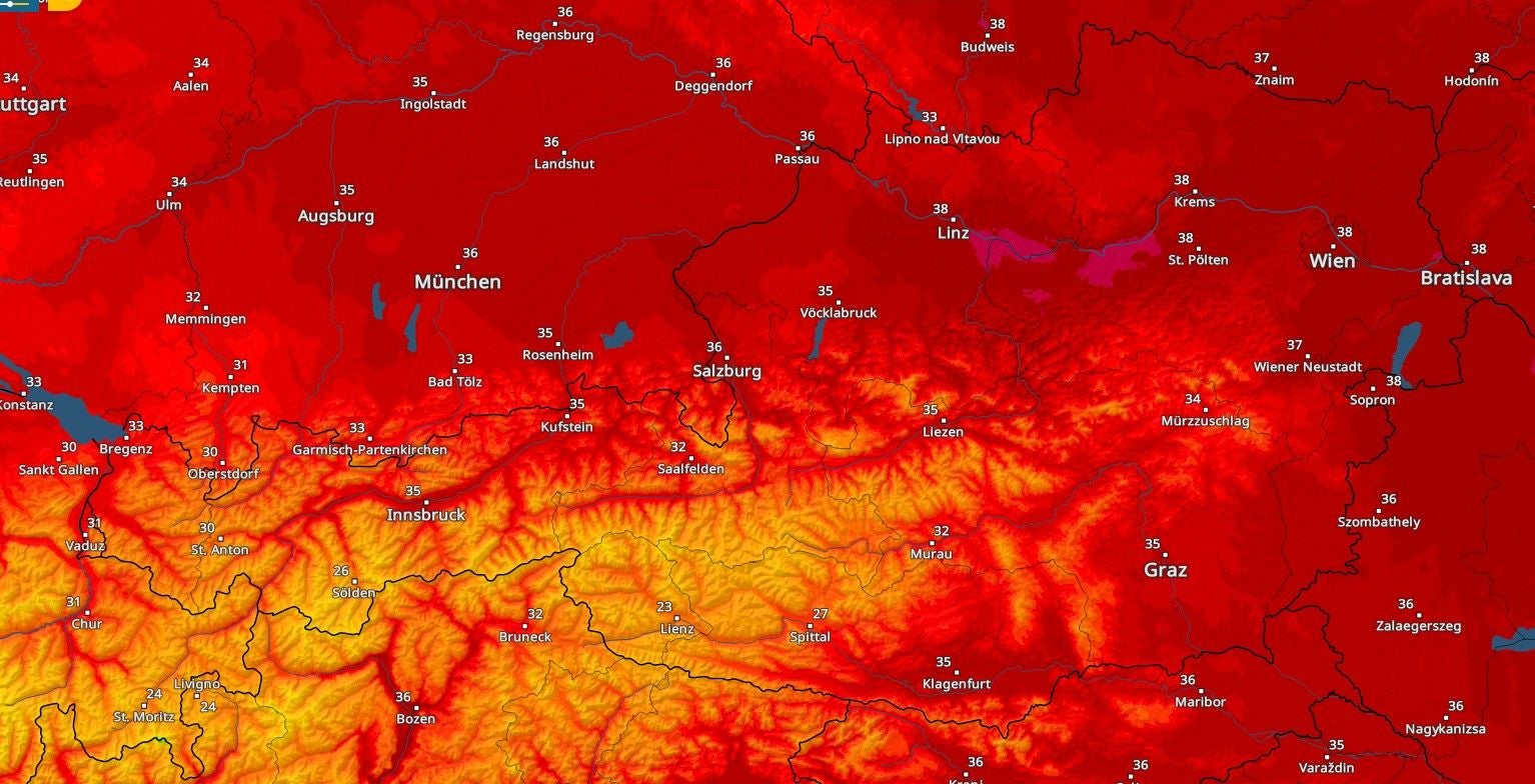 Hitzekarte von Österreich und Umgebung mit Temperaturen bis zu 38 Grad Celsius in Rot- und Gelbtönen.