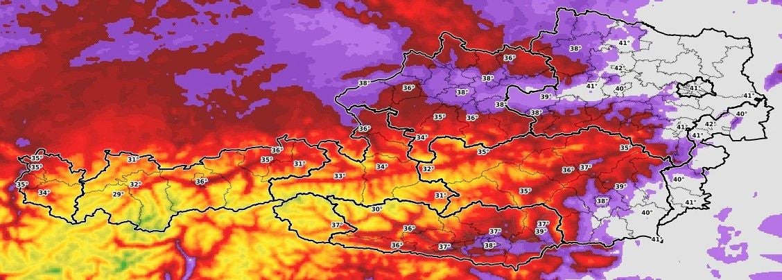 Hitzekarte mit Höchsttemperaturen bis zu 42 Grad am 4. August in Österreich.