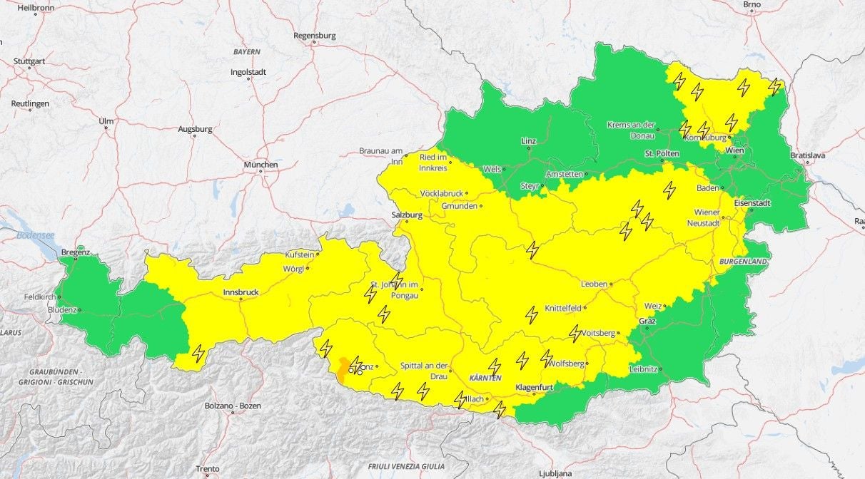 Karte der GeoSphere Austria zeigt die Gewitter-Warnungen.
