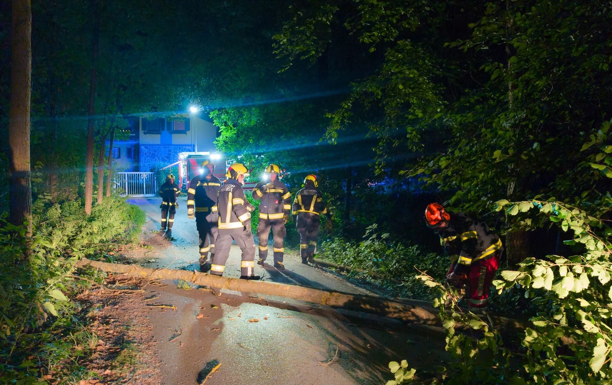 Feuerwehr entfernt nachts nach Sturm einen umgestürzten Baum von einer Straße im Wald.