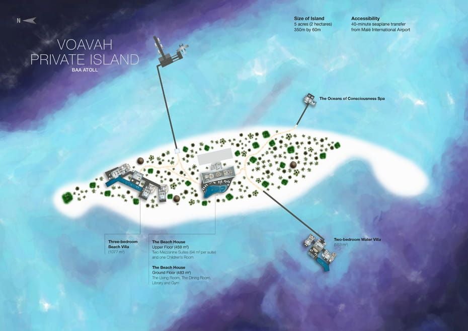 Lageplan der Insel Voavah mit Villen, Spa, Beach House und Wasserflugzeugsteg.