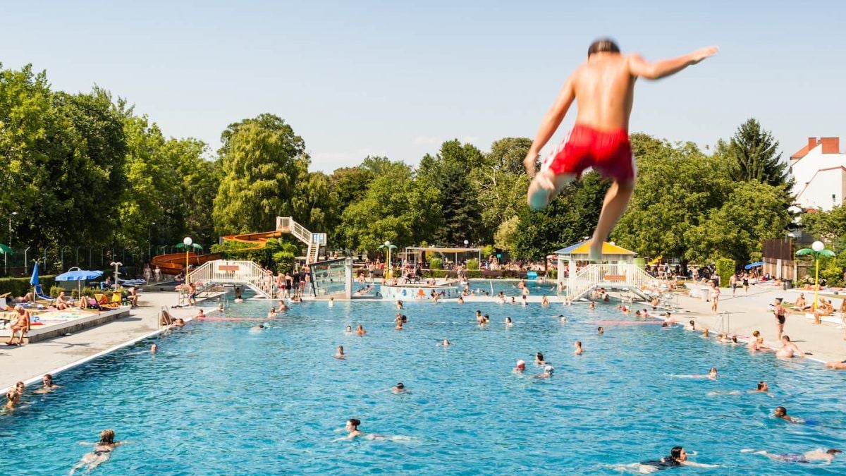 Viele Menschen schwimmen im Freibad, während ein Junge ins Wasser springt.