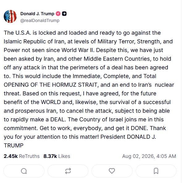 Screenshot eines Social-Media-Posts von Donald Trump über Iran und internationale Verhandlungen.
