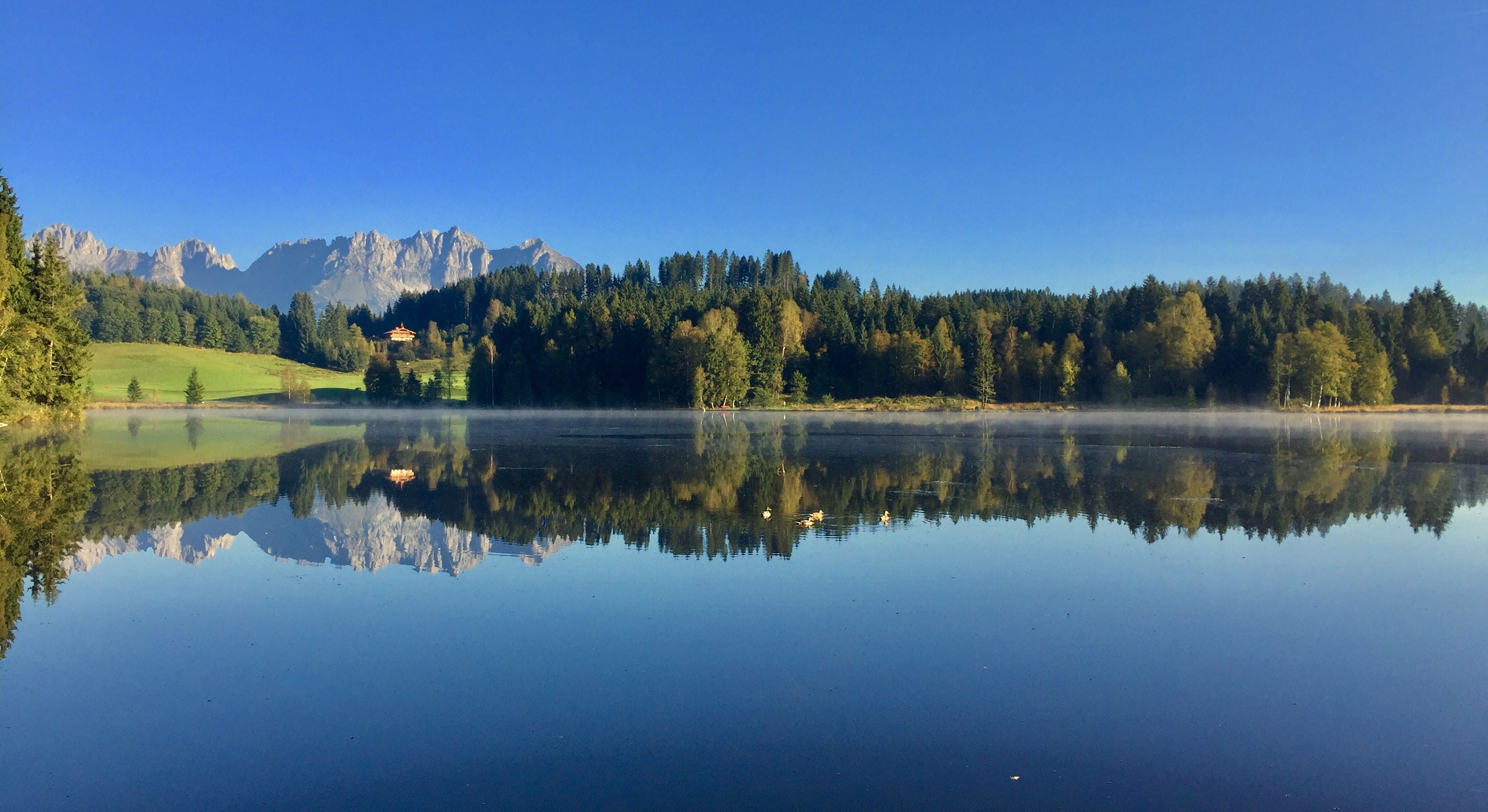 Klarer See mit Spiegelung von Bäumen, Bergen und blauem Himmel am Schwarzsee.