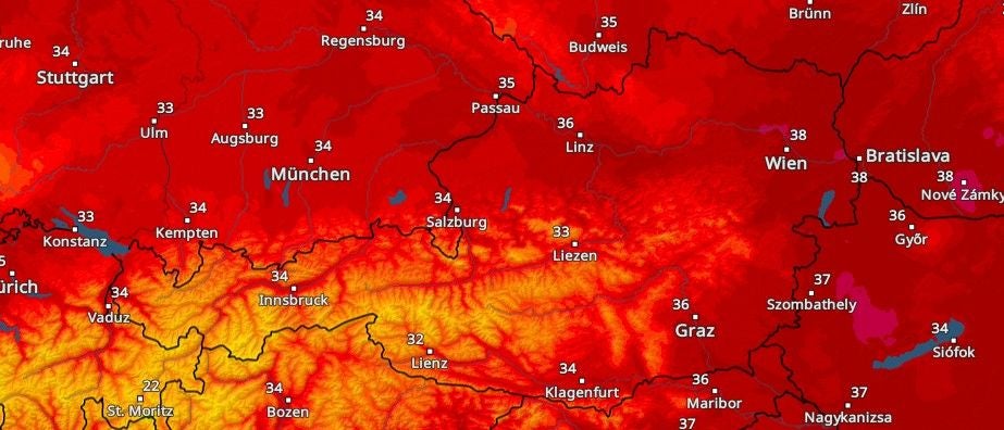 Hitzekarte mit Temperaturen über 30 Grad für Süddeutschland, Österreich und Umgebung.