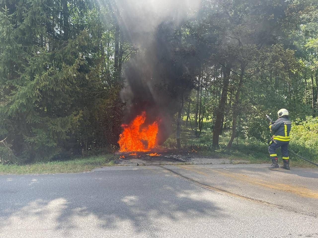 Ein Feuerwehrmann löscht einen brennenden Oldtimer am Waldrand neben einer Straße.