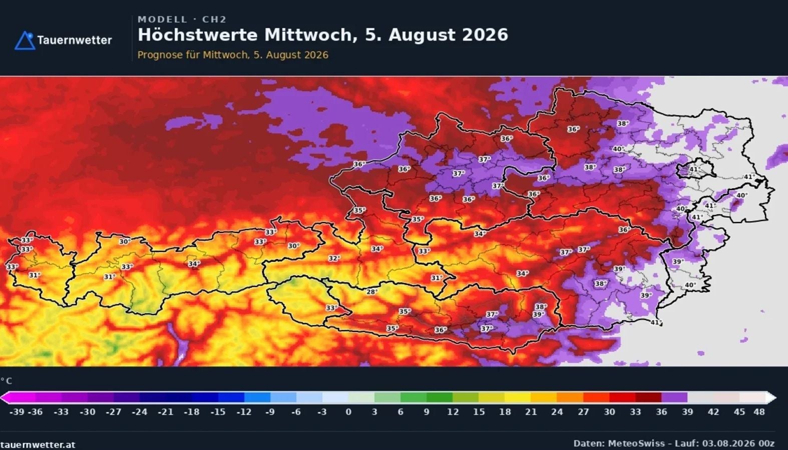 Hitzekarte für Österreich am 5. August 2026 mit Temperaturen bis über 40 Grad Celsius.
