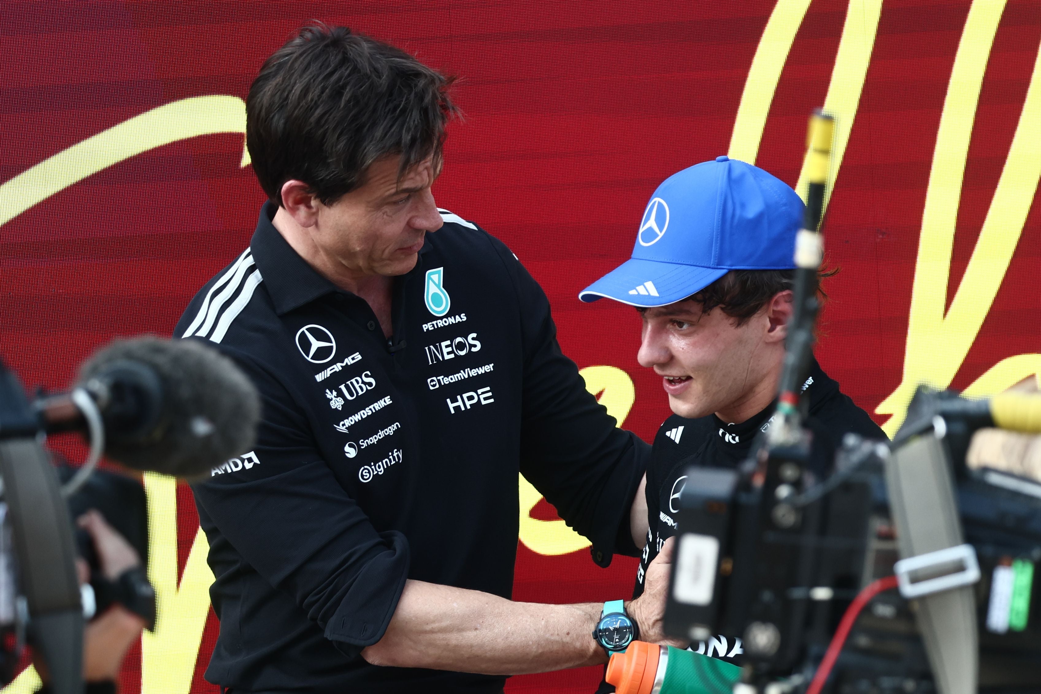 Toto Wolff and Andrea Kimi Antonelli of Mercedes after the Formula 1 Austrian Grand Prix at Red Bull Ring in Spielberg, Austria on June 28, 2026. (Photo by Jakub Porzycki/NurPhoto via Getty Images)