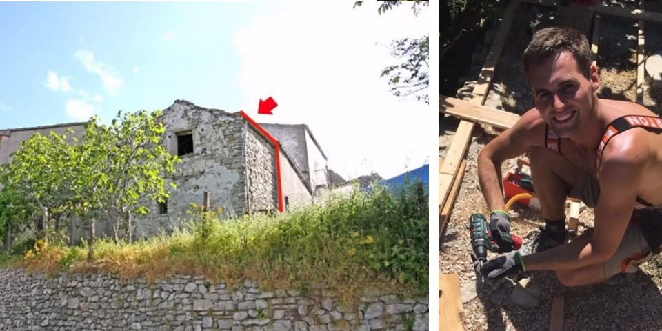 Links ein altes Steinhaus mit rotem Pfeil, rechts ein lächelnder Mann mit Akkuschrauber bei Bauarbeiten.