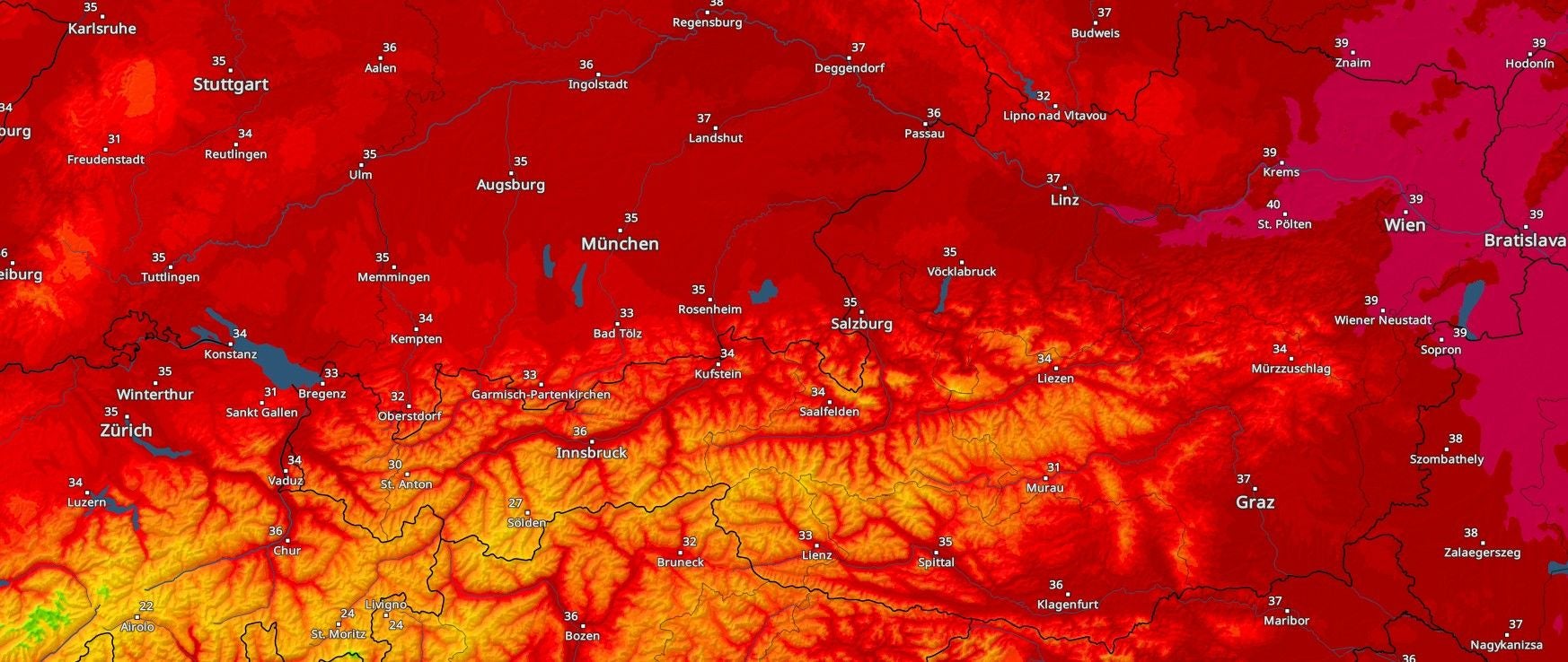 Hitzekarte von Österreich und Umgebung mit Temperaturen bis 40 Grad am Dienstag.