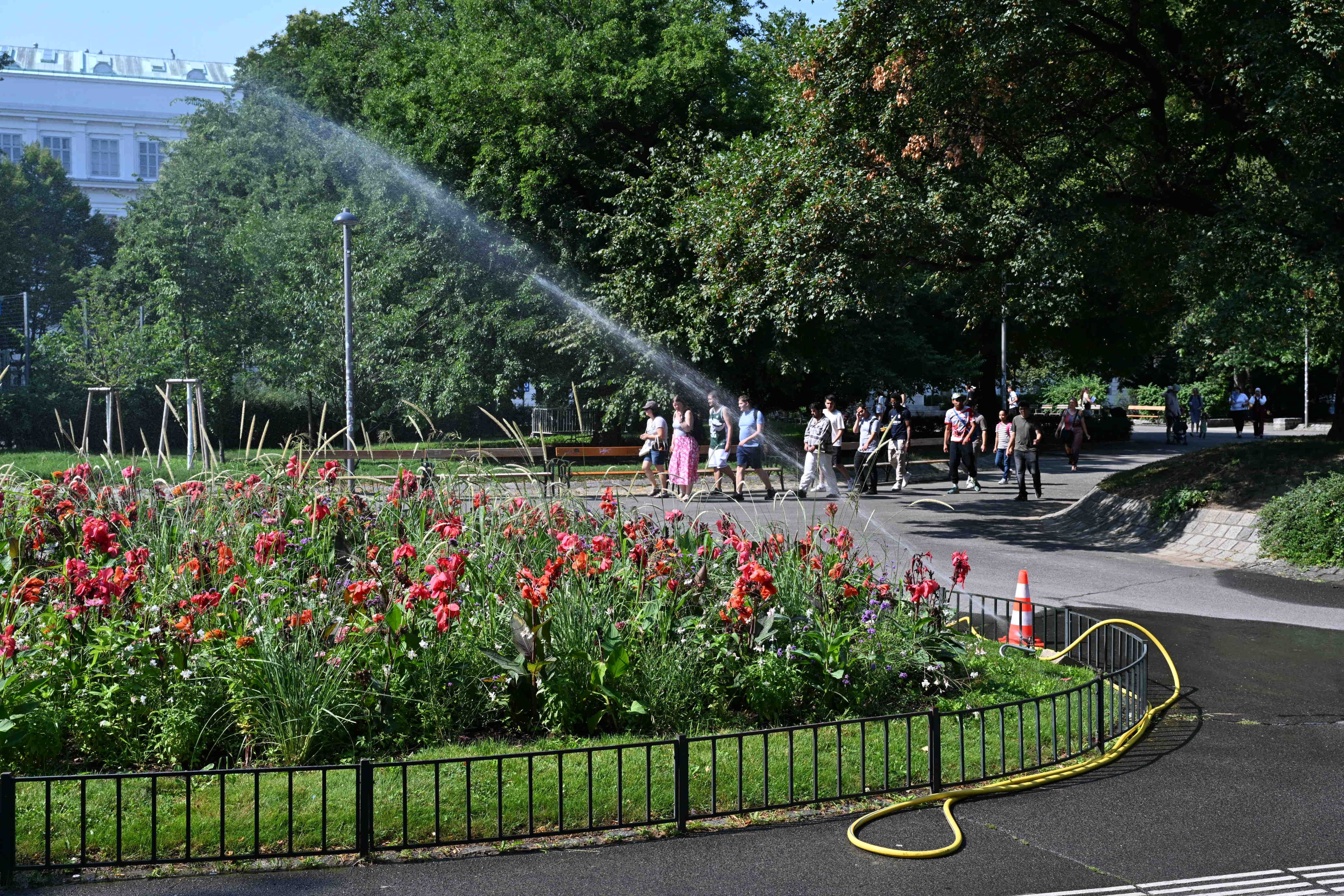 Blumenbeet am Karlsplatz in Wien wird bewässert.