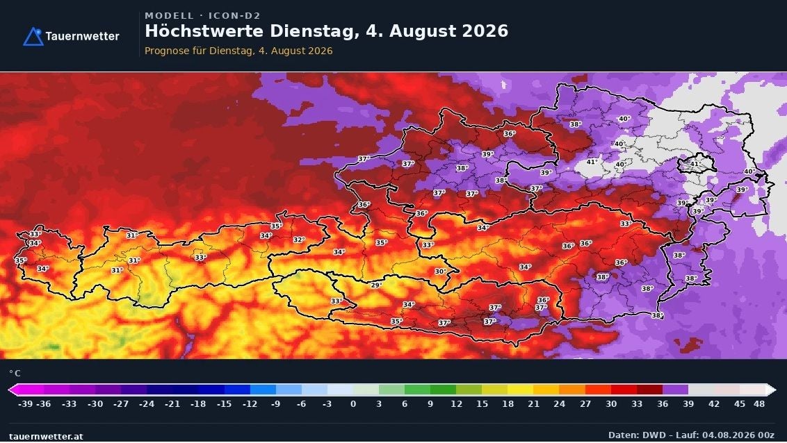Hitzekarte für Österreich am 4. August 2026 mit vielen Regionen über 35°C, teils bis 41°C.