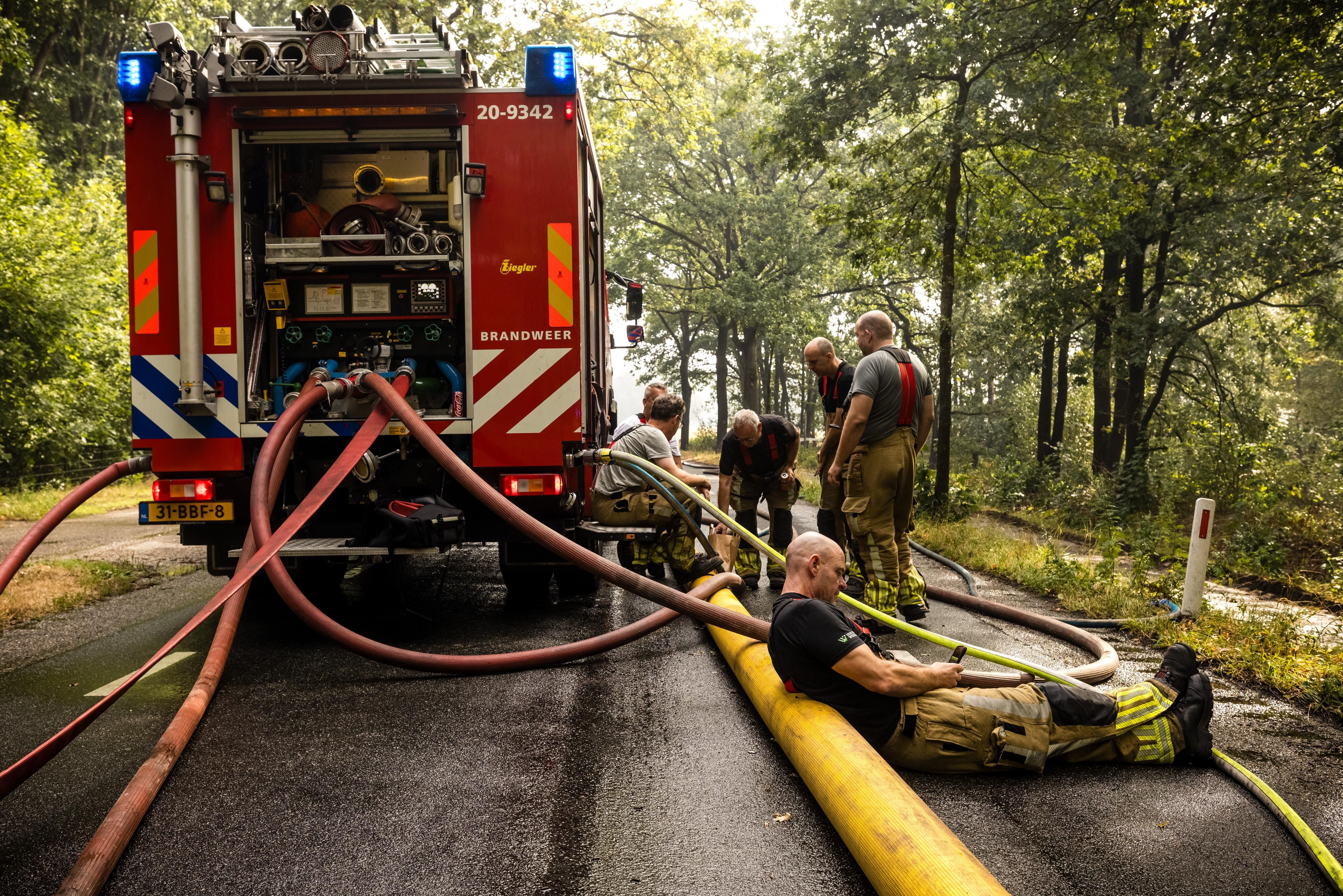 Feuerwehrleute ruhen sich nach einem Einsatz mit Schläuchen bei einem Löschfahrzeug im Wald aus.