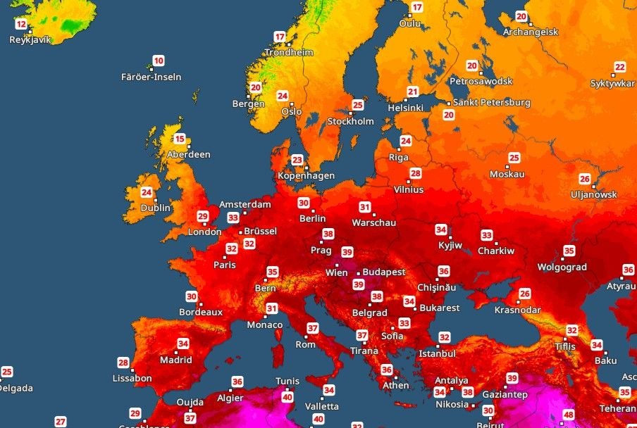 Hitzekarte Europas mit Tageshöchstwerten, viele Regionen über 30°C, Süden teils über 40°C.