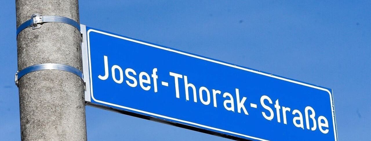 Blaues Straßenschild mit der Aufschrift „Josef-Thorak-Straße“ vor blauem Himmel.