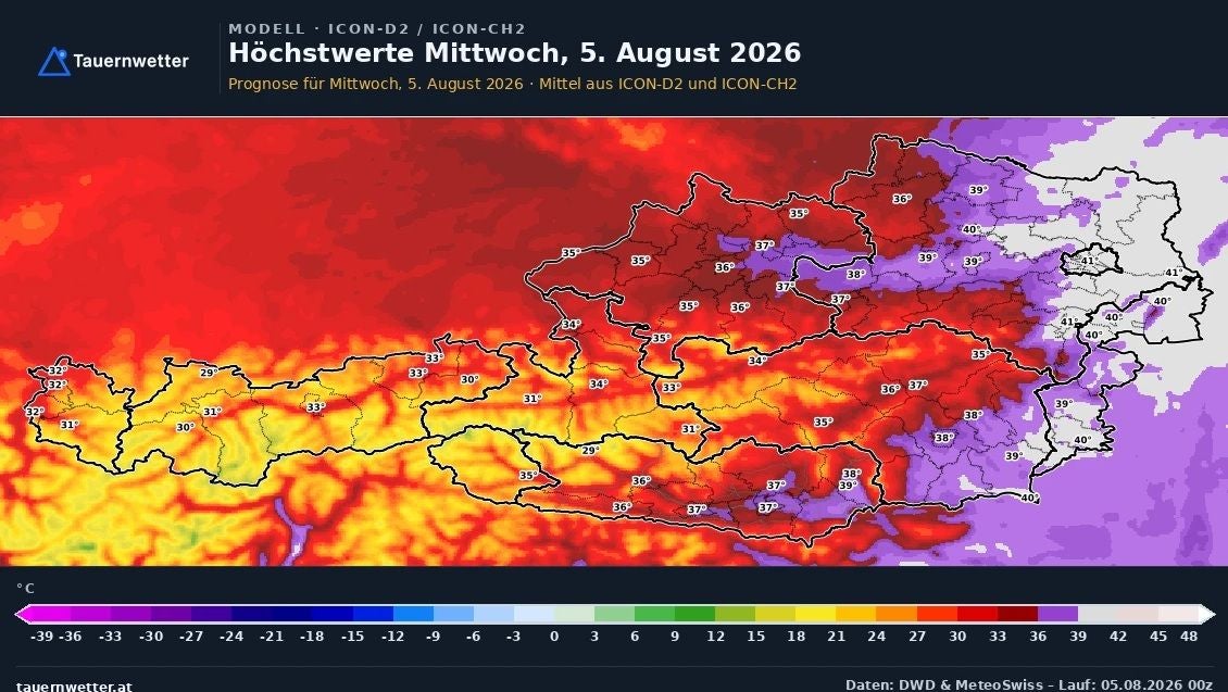 Hitzekarte Österreichs mit Höchstwerten bis 40 °C am 5. August 2026, farblich markiert.