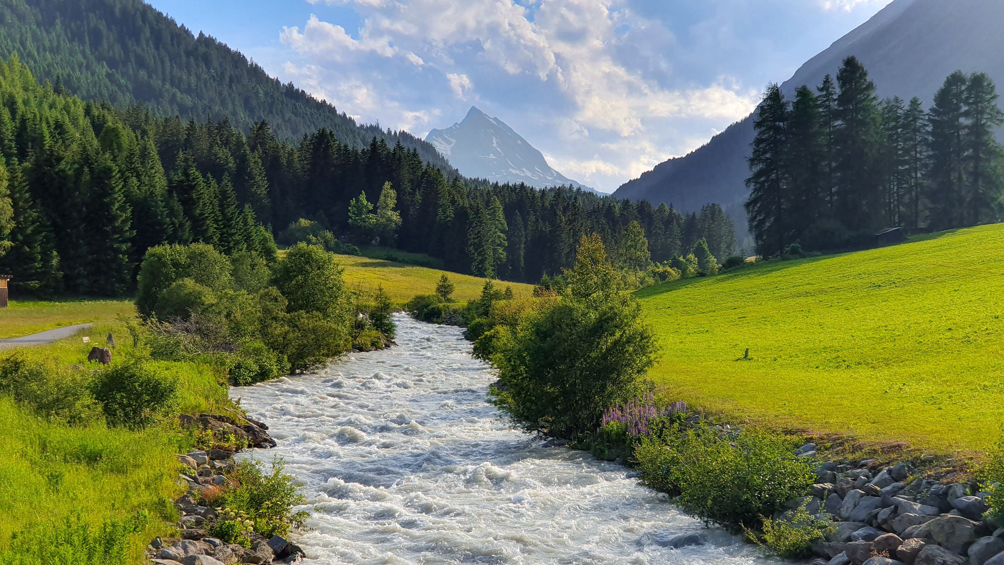 Ein Fluss fließt durch ein grünes Alpen-Tal mit Wäldern und schneebedecktem Berg im Hintergrund.