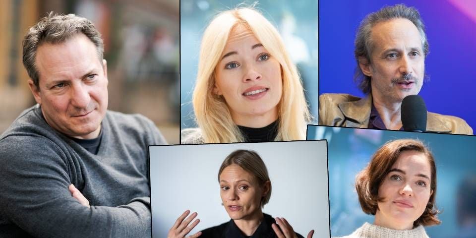 Fünf Personenporträts in einer Collage, jede Person blickt in die Kamera.