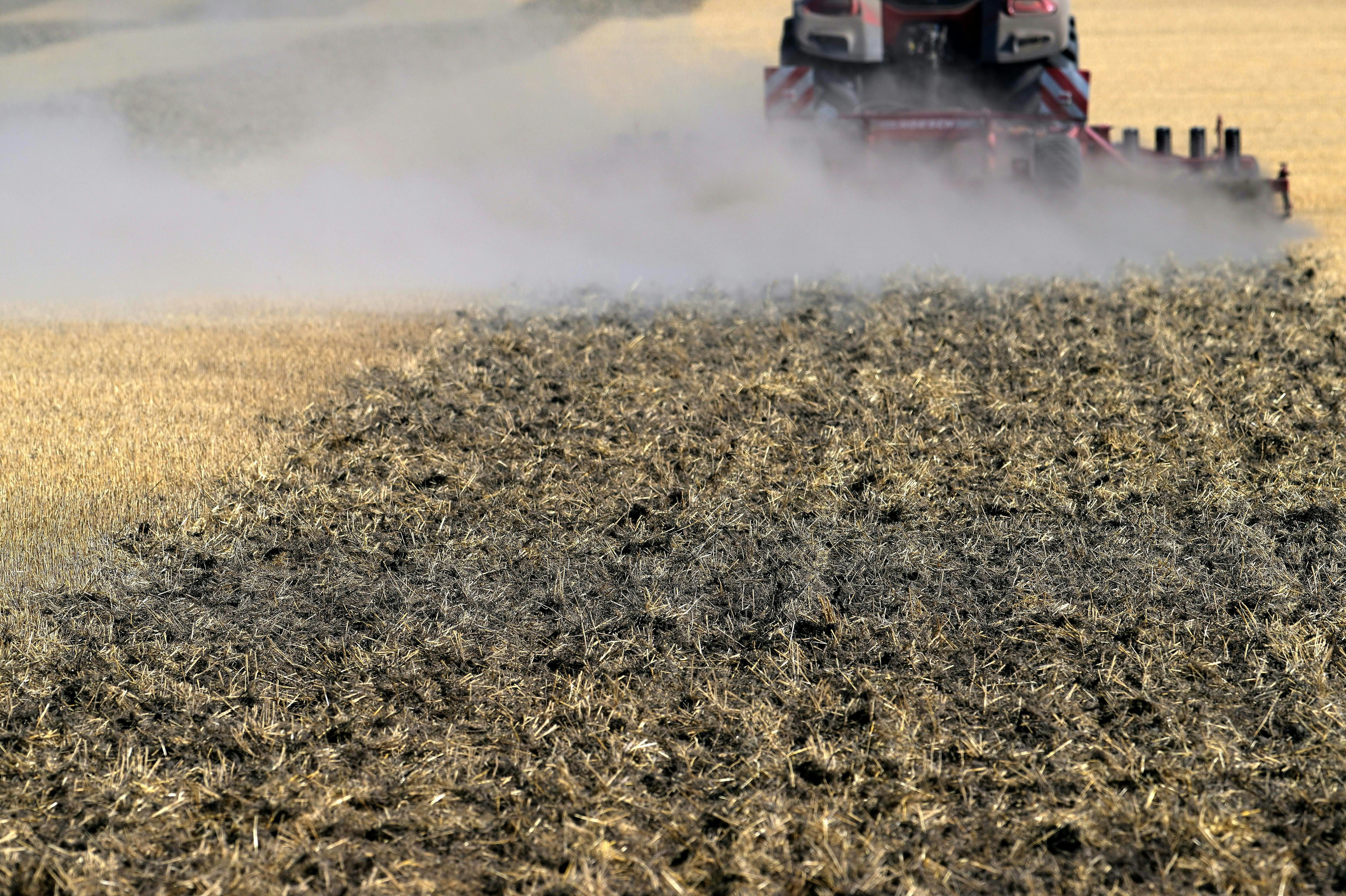 Ein Traktor lockert auf trockenem Ackerboden nach der Getreideernte den Boden auf, Staub steigt auf.