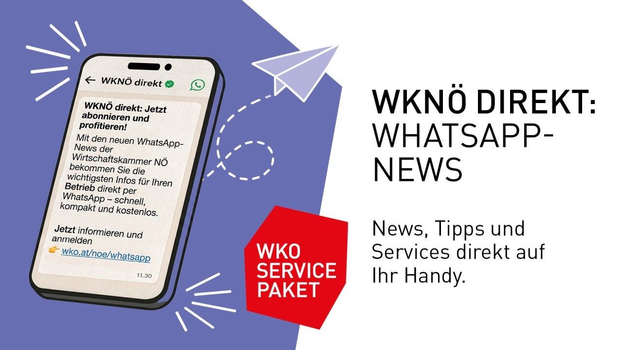Werbung für die WhatsApp-News der WKNÖ mit Handyillustration und Papierflieger.