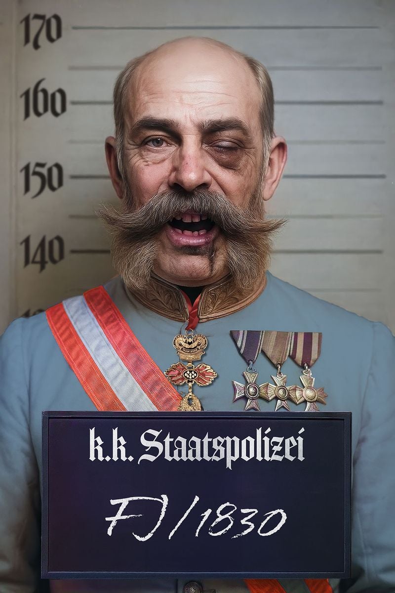 Ein Mann im kaiserlichen Uniform mit Orden posiert für ein Polizeifoto, ein Auge ist blau geschlagen.