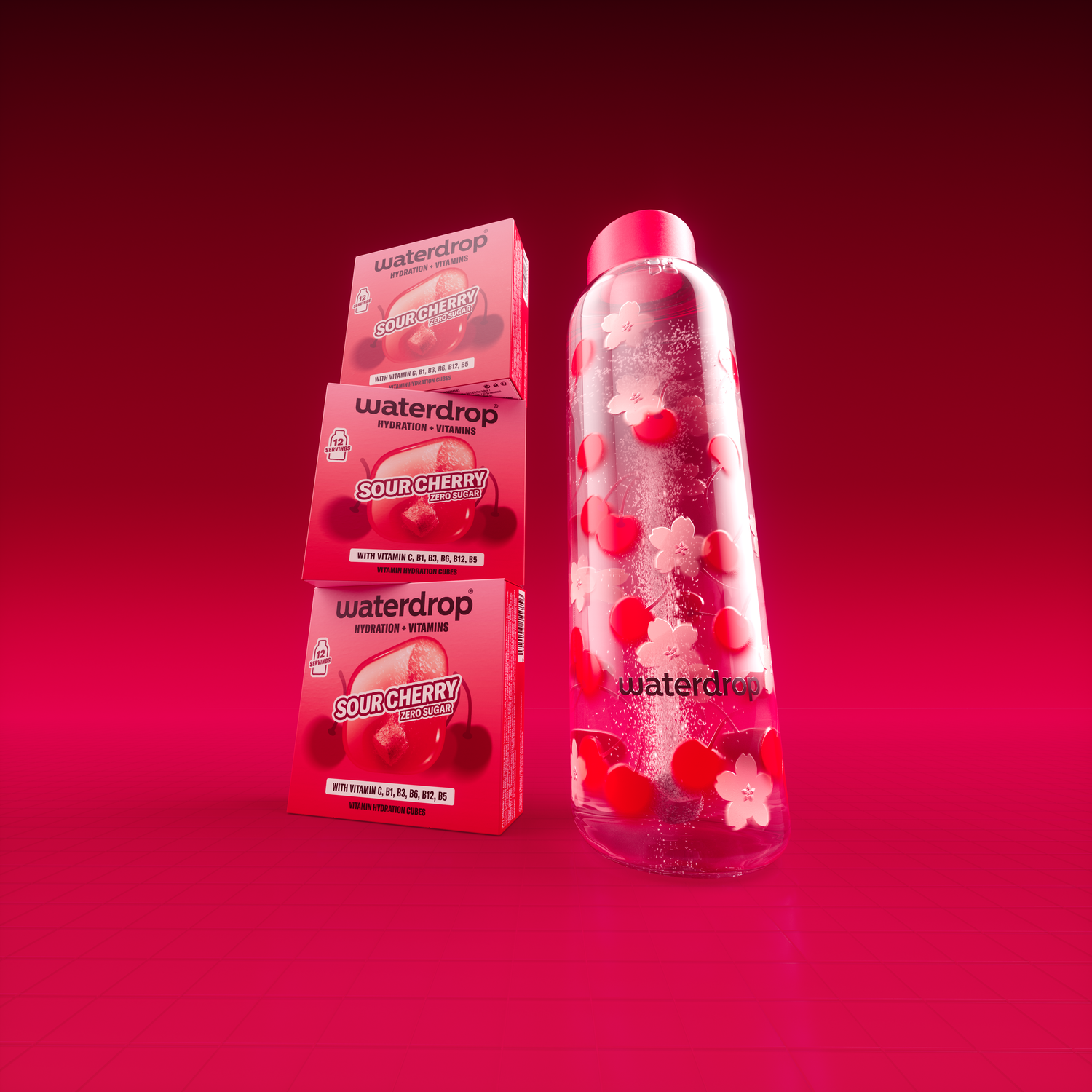 Drei Waterdrop-Sour-Cherry-Packungen und eine Wasserflasche mit Kirschblütenmuster auf rotem Hintergrund.