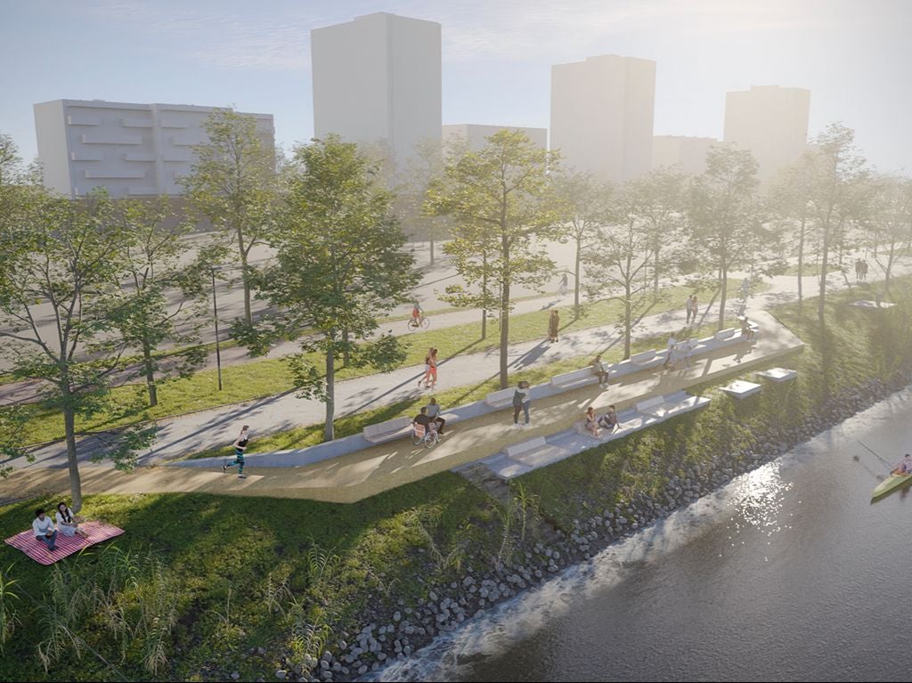 Visualisierung des Donauufers mit Bäumen, Sitzbänken, Spaziergängern und Kajaks auf dem Wasser.