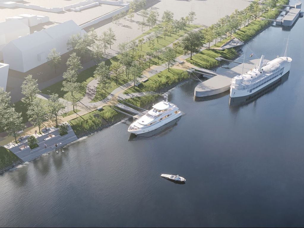 Visualisierung des Donauufers mit Promenade, Bäumen, Bootsanlegern und mehreren Schiffen am Wasser.