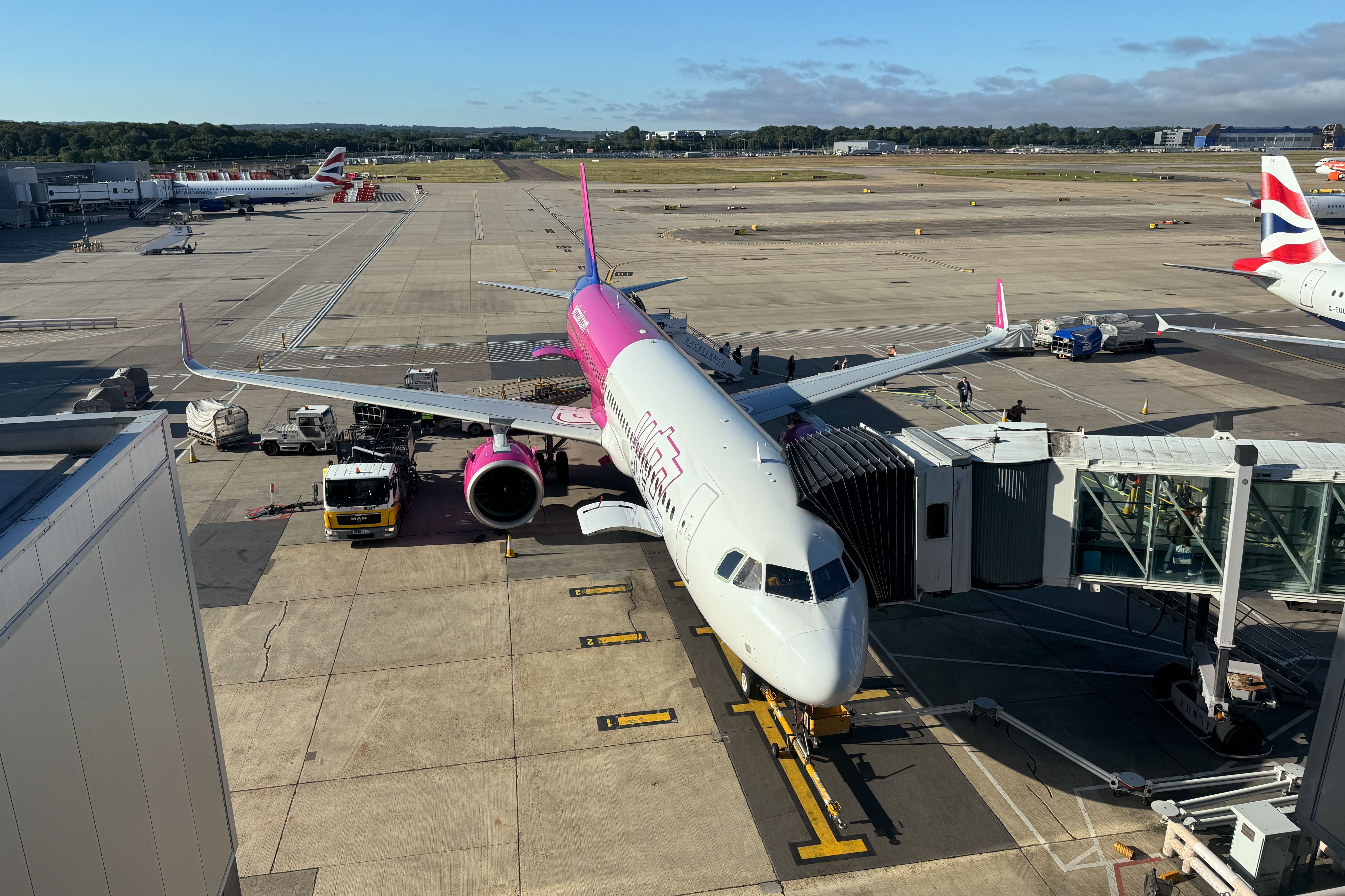Wizz Air plane is seen at the London Luton Airport in Luton, Great Britain on July 4, 2026. (Photo by Jakub Porzycki/NurPhoto via Getty Images)