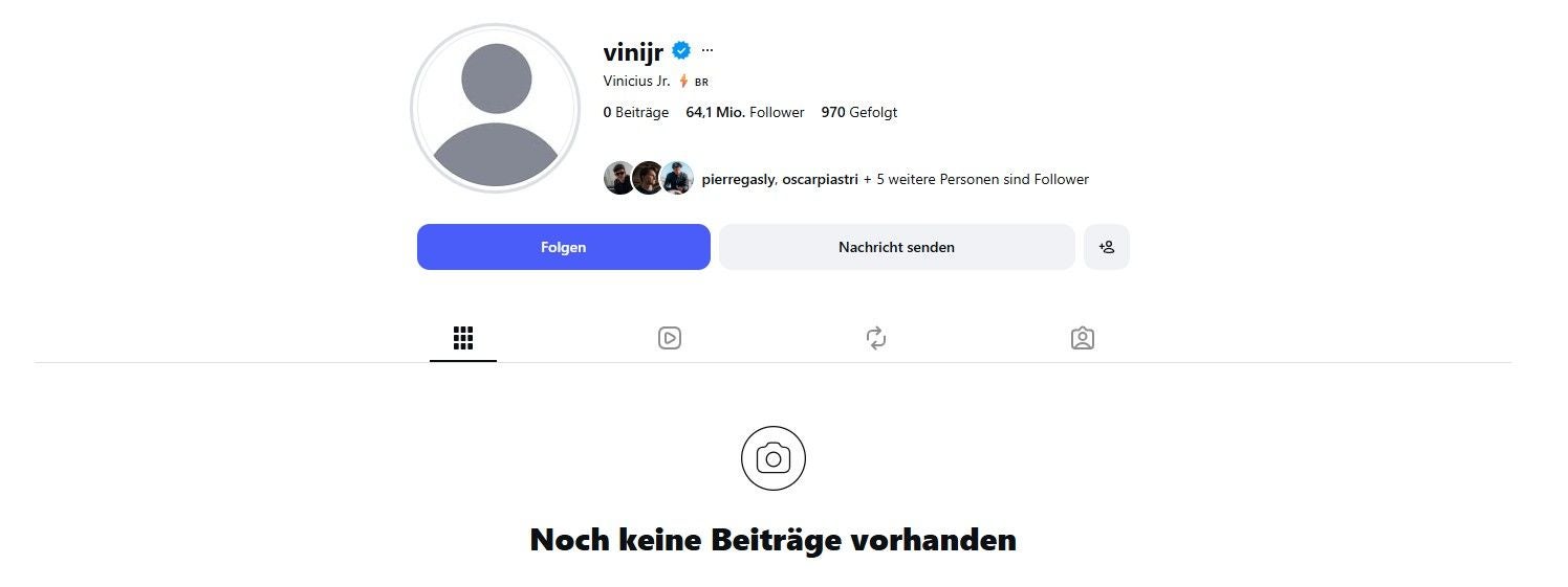 Profilseite von vinijr auf Instagram mit 64,1 Mio. Followern und ohne Beiträge.