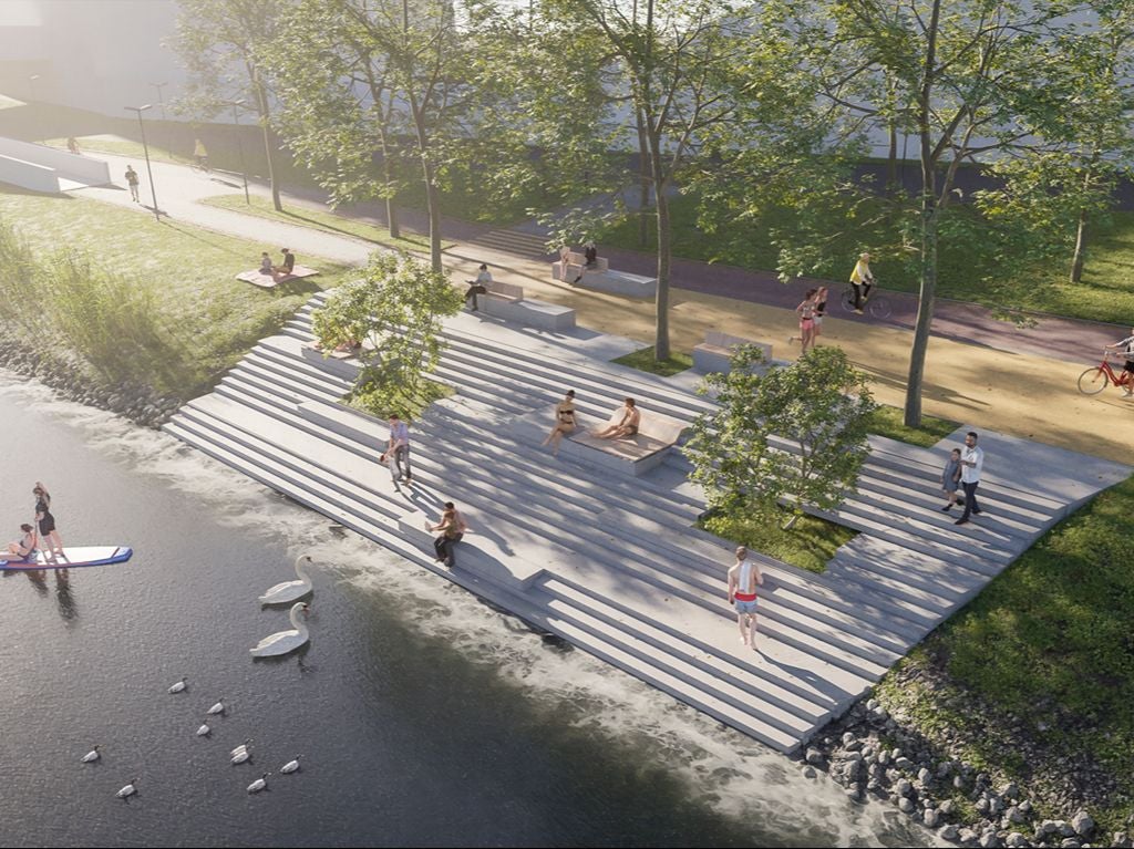 Visualisierung eines modernen Donauufers mit Sitzstufen, Bäumen, Menschen und Schwänen am Wasser.