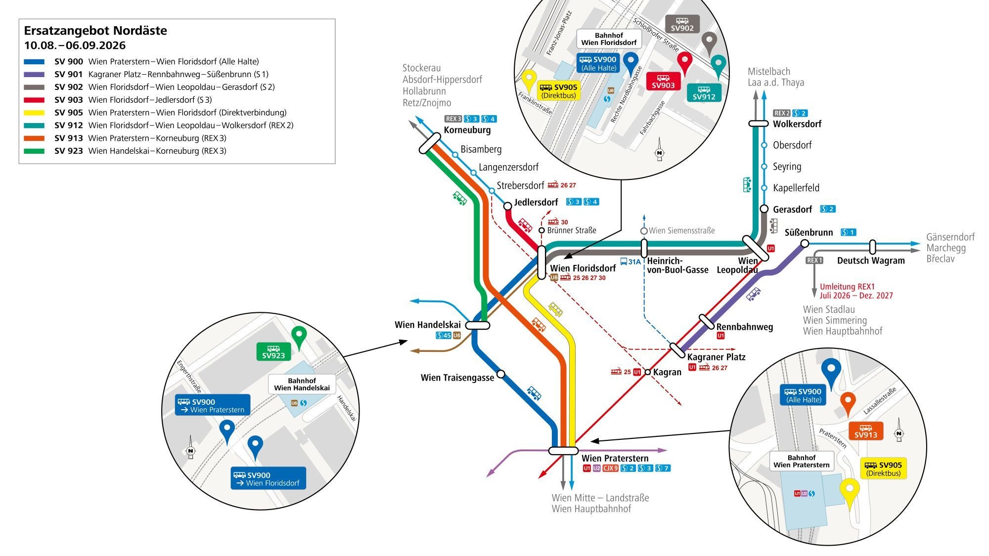 Übersichtskarte mit Ersatzbuslinien zwischen Wien Praterstern und Wien Floridsdorf ab August 2026.