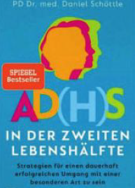 Buchcover von „AD(H)S in der zweiten Lebenshälfte“ mit bunten Silhouetten auf blauem Hintergrund.