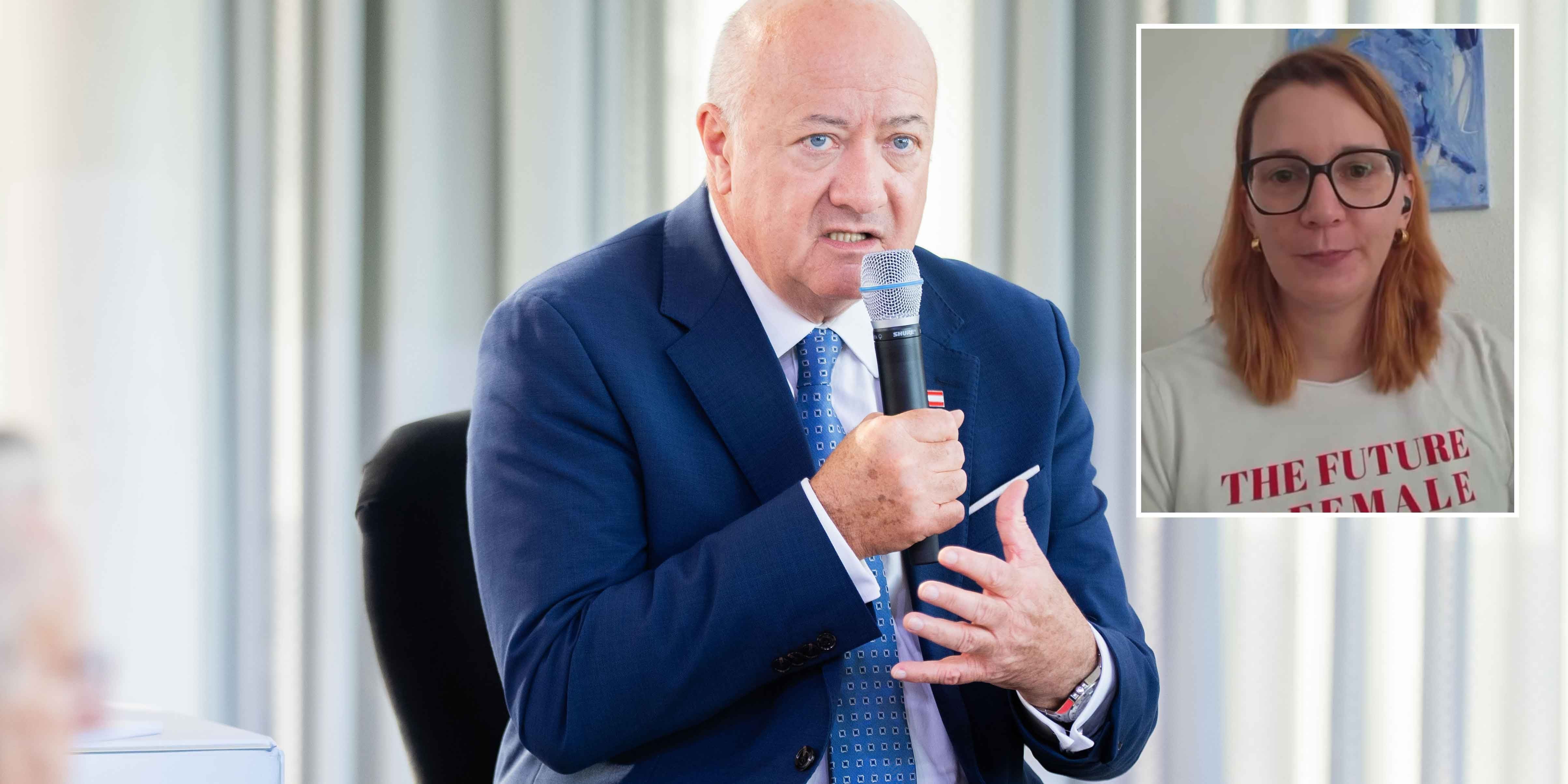 Bundeskanzler Christian Stocker (ÖVP) und Steffi, die dem Kanzler die Frage zum Thema Frauen stellte.