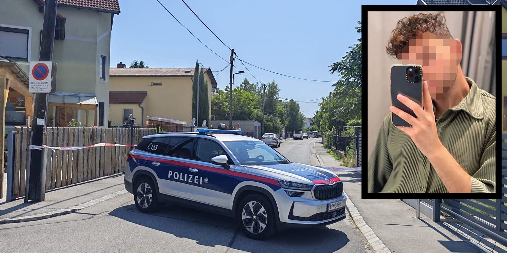Ein Polizeiauto sperrt eine Straße ab, im Bildrand ein verpixeltes Selfie eines jungen Mannes.