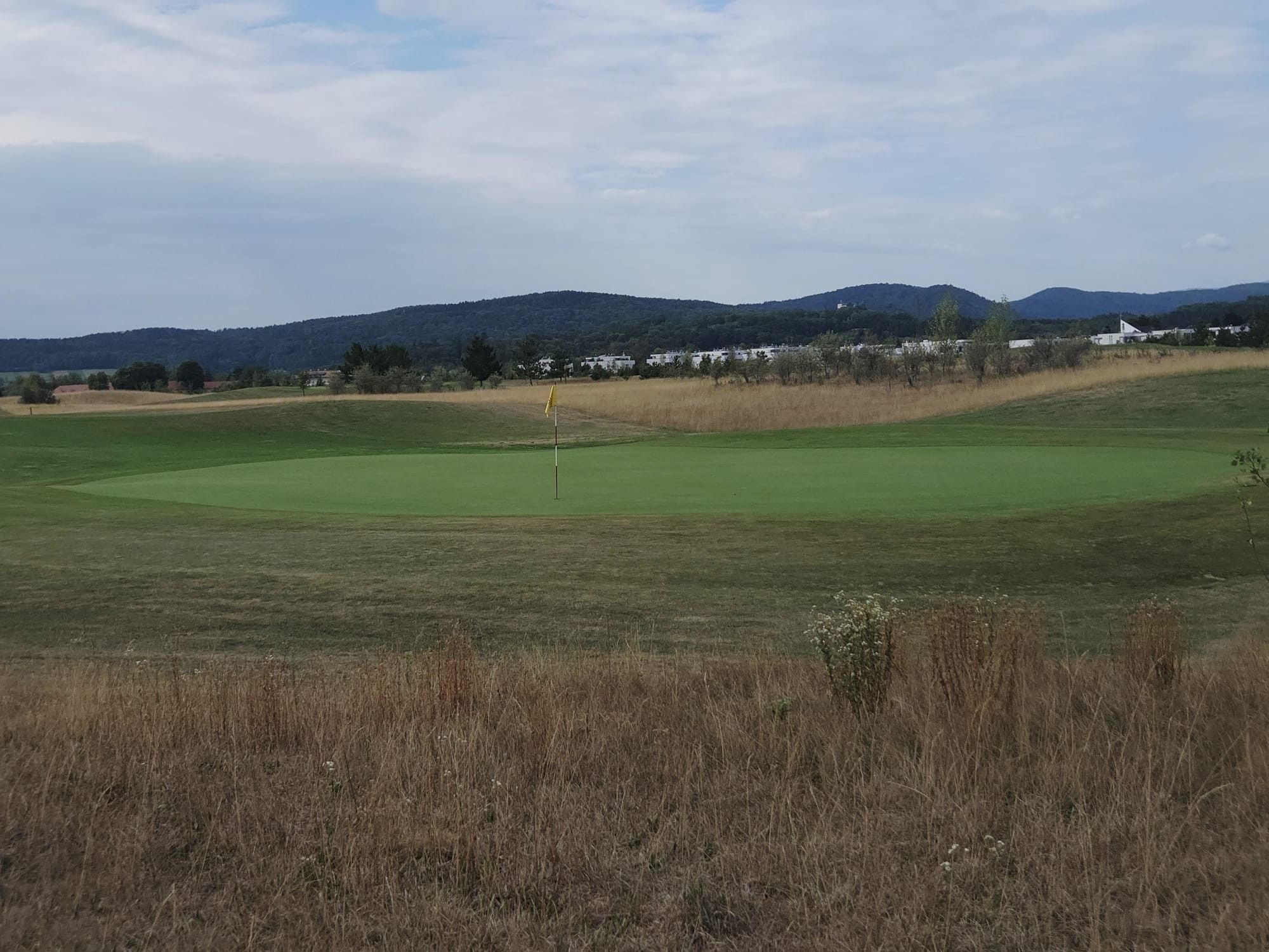 Golfplatz mit Fahne auf dem Grün, umgeben von trockenem Gras und Hügeln im Hintergrund.