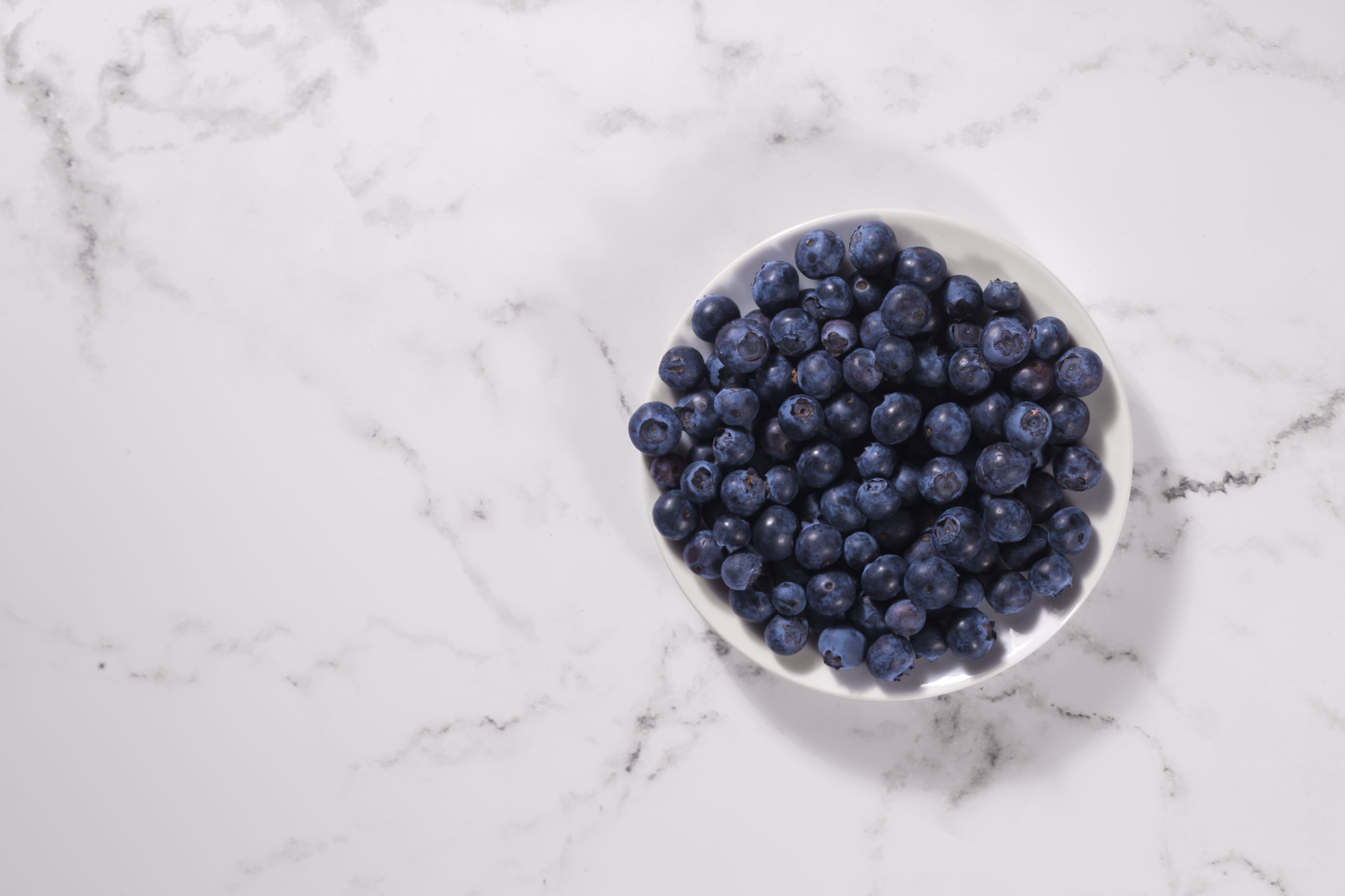 Weiße Schale mit frischen Heidelbeeren auf einem weißen Marmortisch.