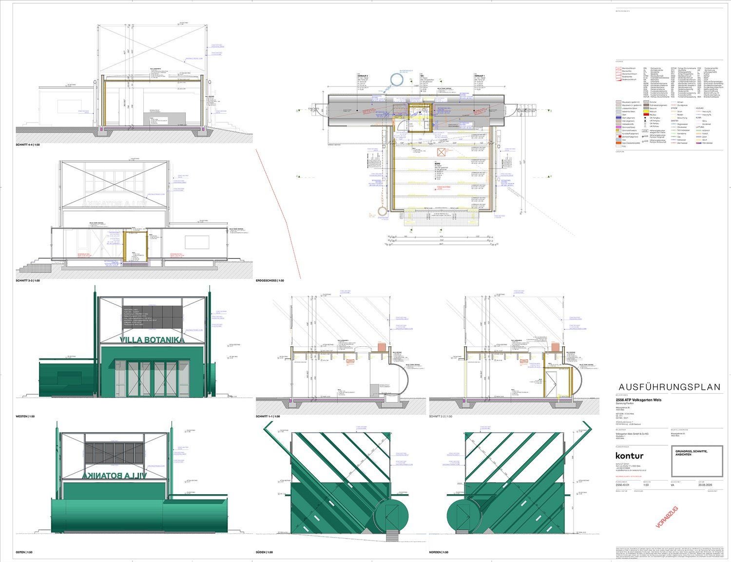 Architekturplan mit Ansichten, Schnitten und Grundriss für die Sanierung eines Gebäudes "Villa Botanika".