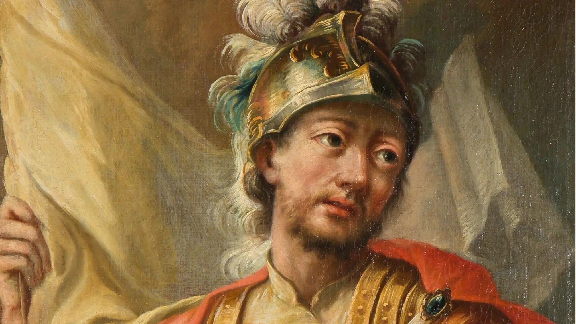 Gemälde eines Mannes mit Federhelm und rotem Umhang, vermutlich St. Hippolyt.