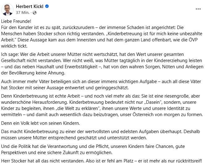 Screenshot eines Facebook-Posts von Herbert Kickl zum Thema Wertschätzung für Kinderbetreuung.