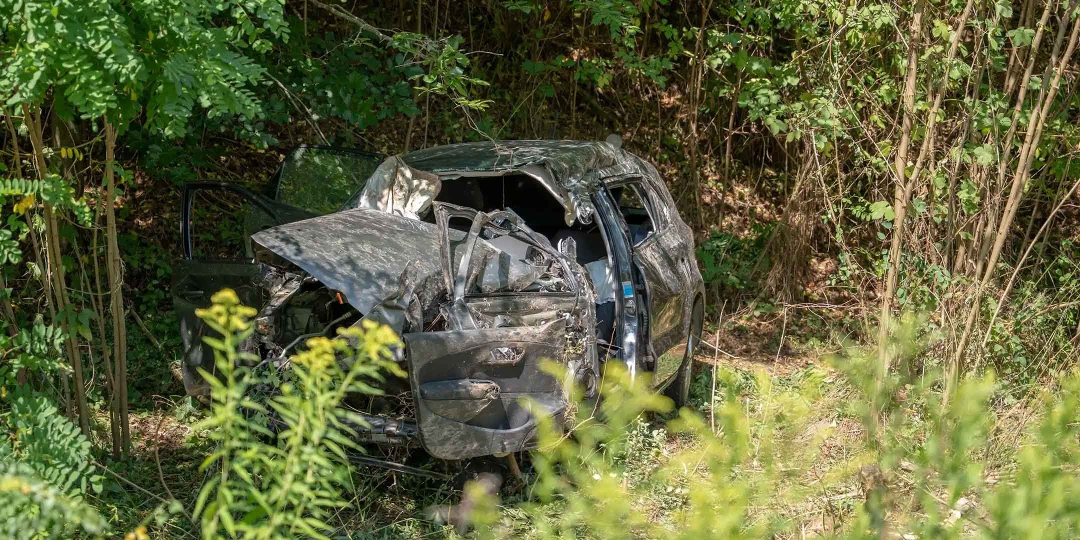 Stark zerstörtes Auto nach Unfall im dichten Grün eines Waldrandes in Oberösterreich.