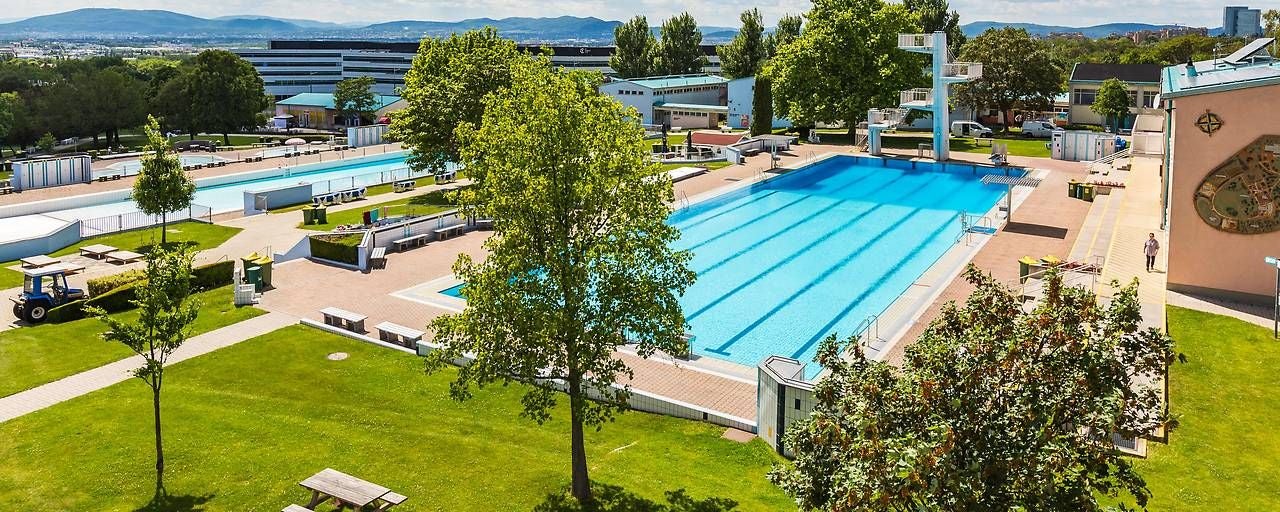 Modernes Freibad mit großem Schwimmbecken, Sprungturm und viel Grünfläche in sonniger Umgebung.
