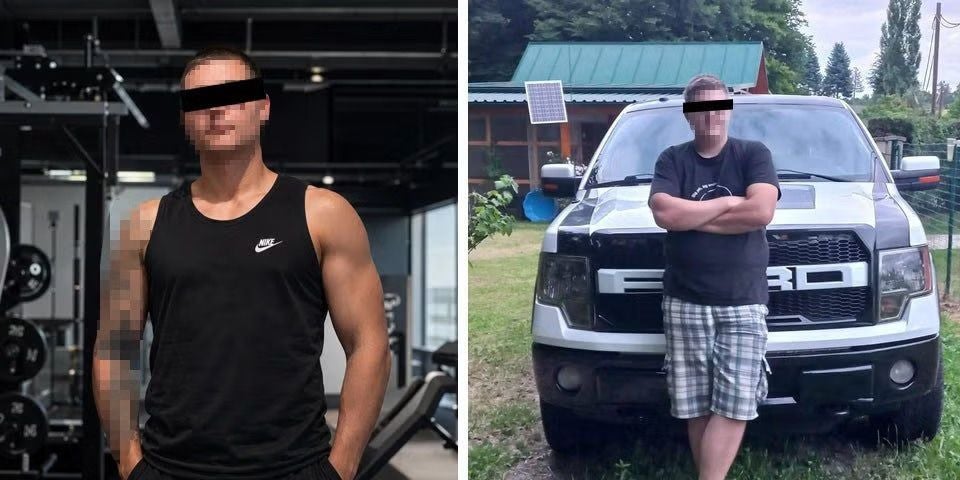 Zwei Männer mit verpixelten Gesichtern, einer im Fitnessstudio, einer vor einem Pickup-Truck.