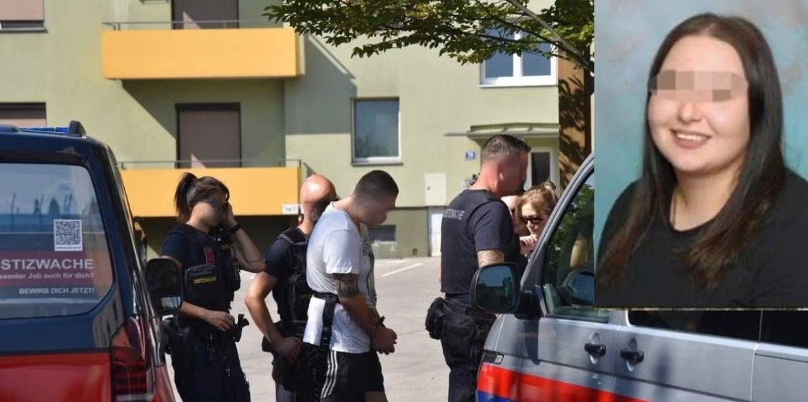 Polizisten nehmen einen Mann fest, daneben ein Porträtfoto einer jungen Frau mit verpixeltem Gesicht.