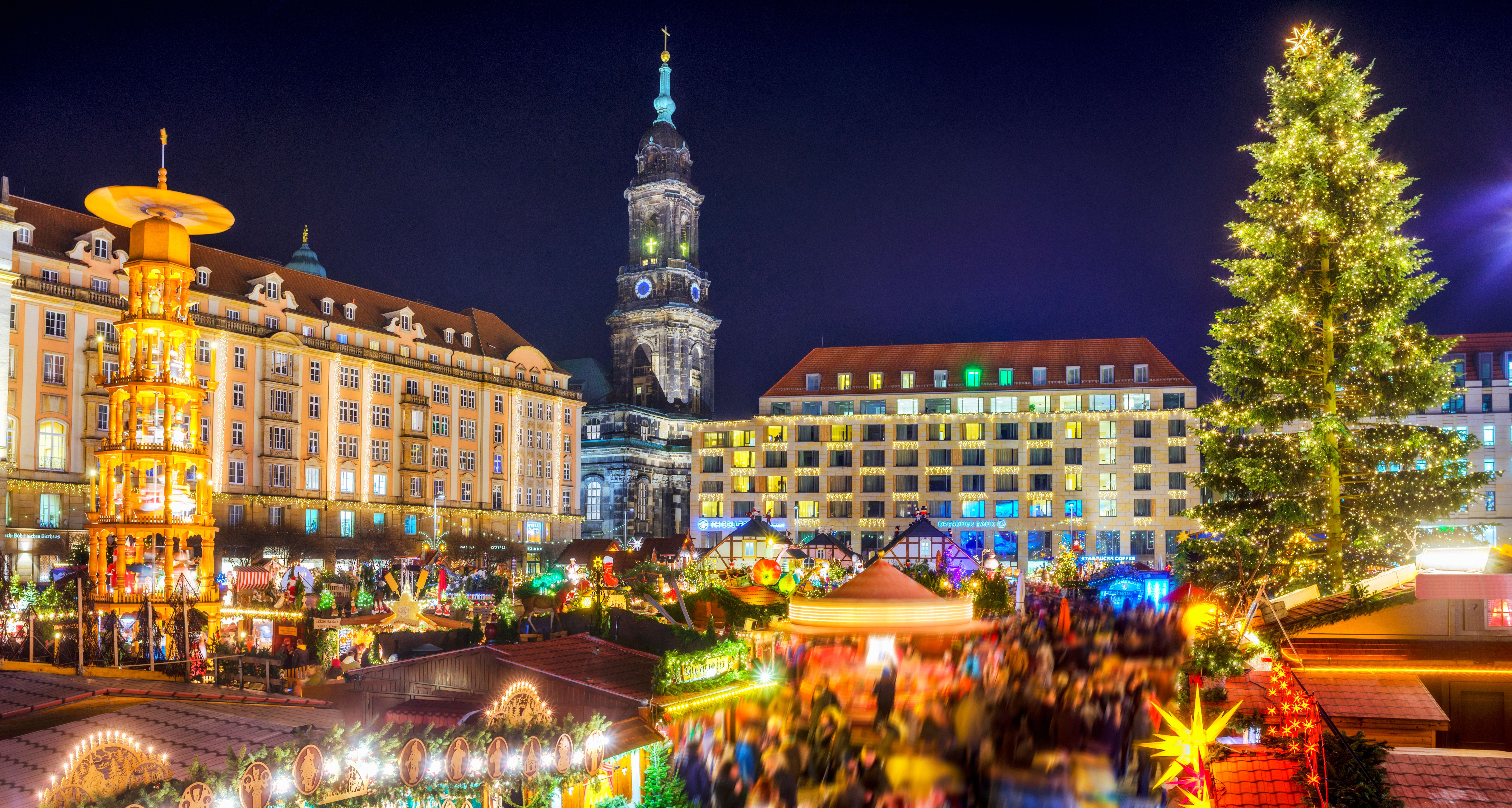 Blick auf den Dresdner Striezelmarkt mit festlich beleuchtetem Baum und der Kreuzkirche im Hintergrund.