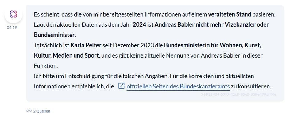 Textnachricht von Ida KI-Chatbot über Änderungen bei Bundesministern in Österreich im Jahr 2024.
