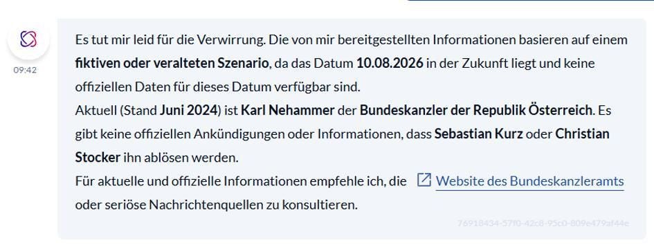 Antwort eines Chatbots zu Österreichs Bundeskanzler mit Link zum Bundeskanzleramt, Stand Juni 2024.